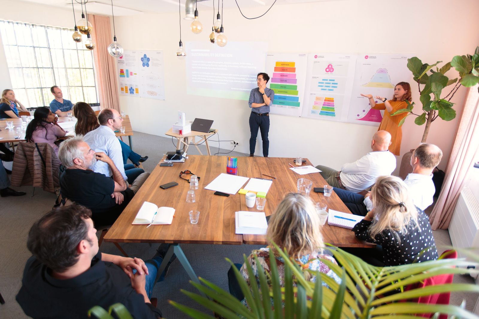 A dozen seated participants watch a man present beside a projected definition of sustainability and a row of coloured framework posters.
