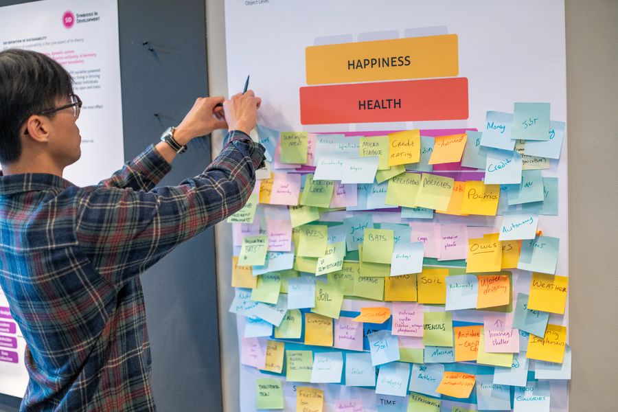 A man in a blue tartan shirt writes on a wall poster headed happiness and health that is covered in dozens of handwritten coloured sticky notes.