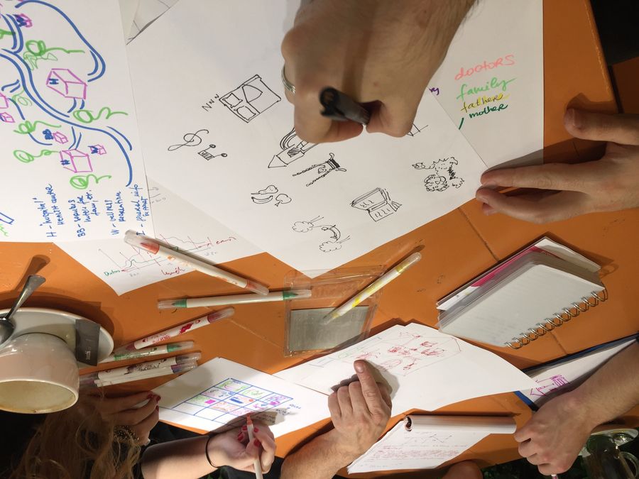 Seen from above, several pairs of hands draw icons and diagrams on white sheets across an orange table covered in felt tip pens and notebooks.