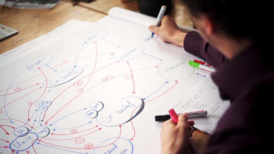 Two people draw a causal map in red and blue marker across a large sheet of white paper, three markers resting beside their hands.
