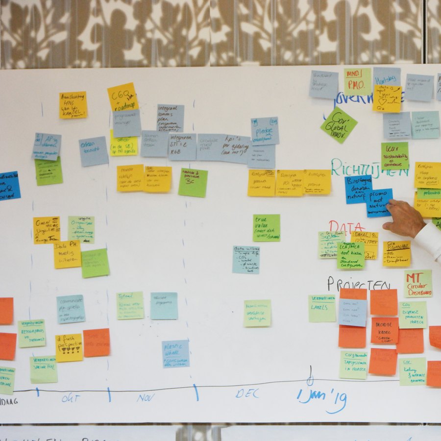 A man turns from a large planning wall covered in handwritten sticky notes and a timeline, his hand still on one of the notes.