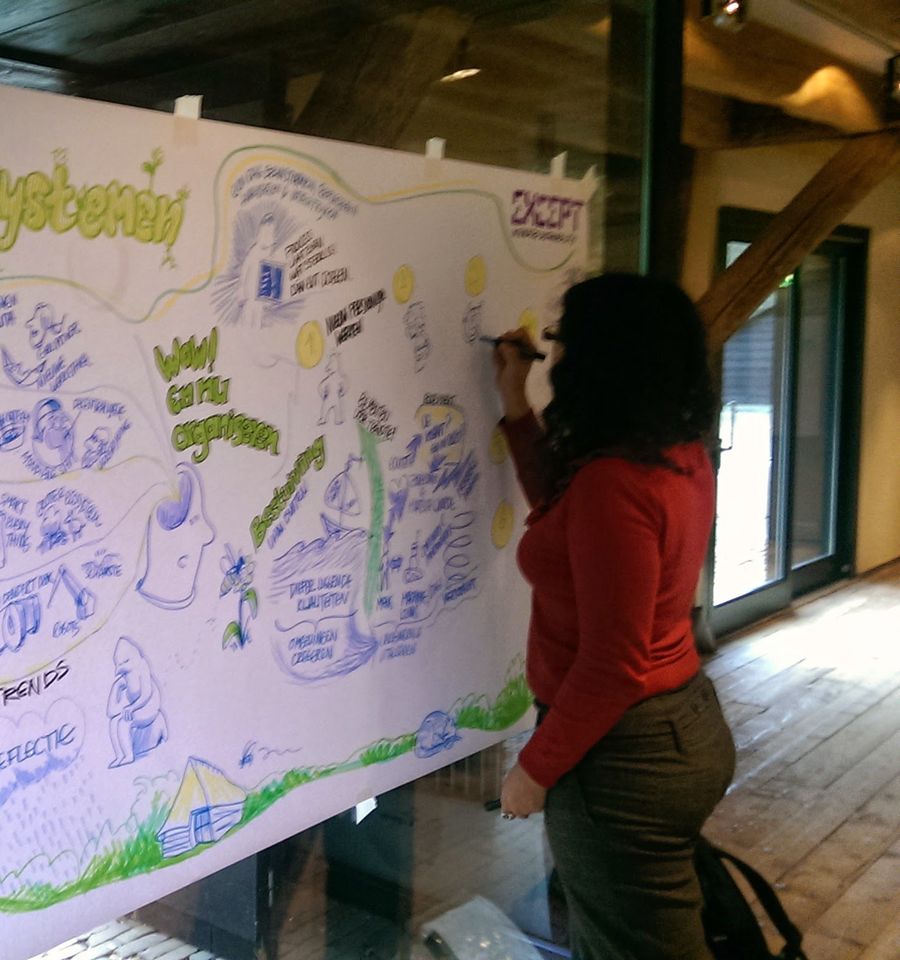 A woman in a red top draws on a large hand illustrated visual summary mounted on glass in a room with wooden beams.