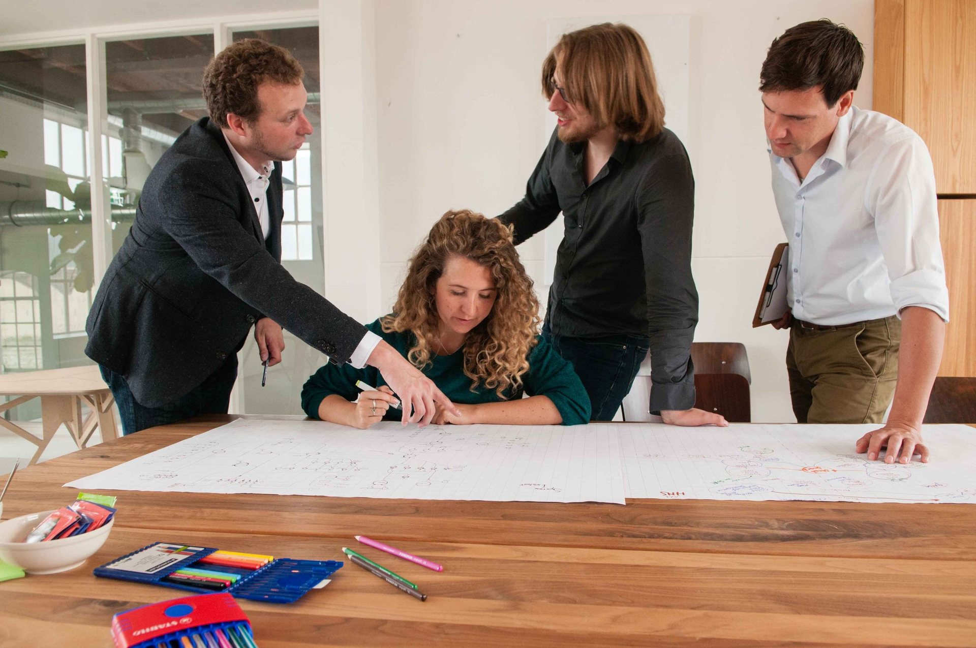 Four colleagues lean over a large sheet of paper covered in a hand-drawn system map, a tray of coloured pens beside it.