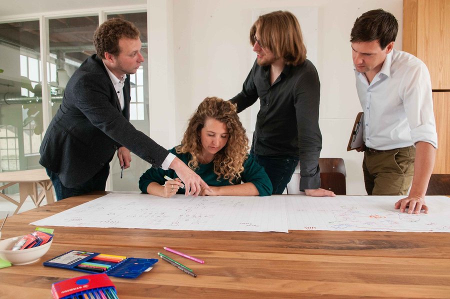 Four colleagues lean over a large sheet of paper covered in a hand-drawn system map, a tray of coloured pens beside it.