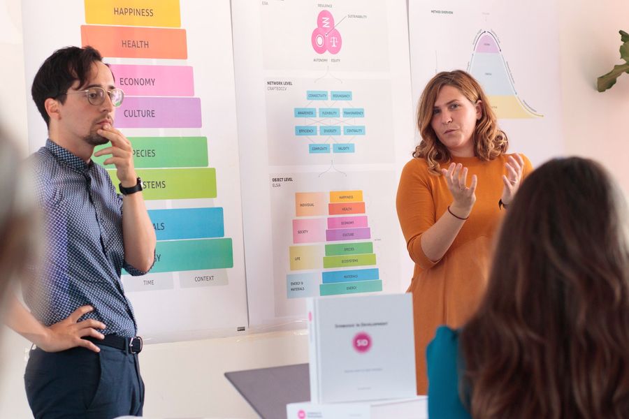 A woman explains the layered sustainability framework to a small group while a colleague listens, the framework posters and the SiD book behind them.