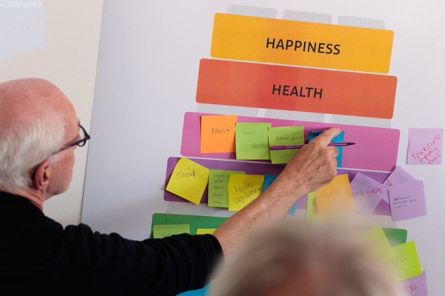 A hand reaches up with a pen to a wall of handwritten sticky notes stacked under the headings happiness and health.
