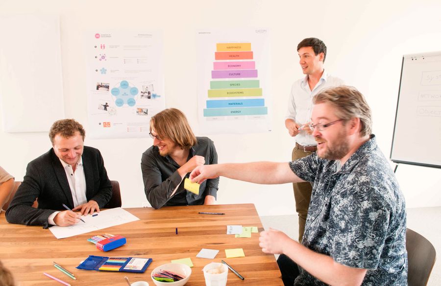 Three colleagues work at a wooden table strewn with sticky notes and coloured pencils, framework posters on the wall behind them.