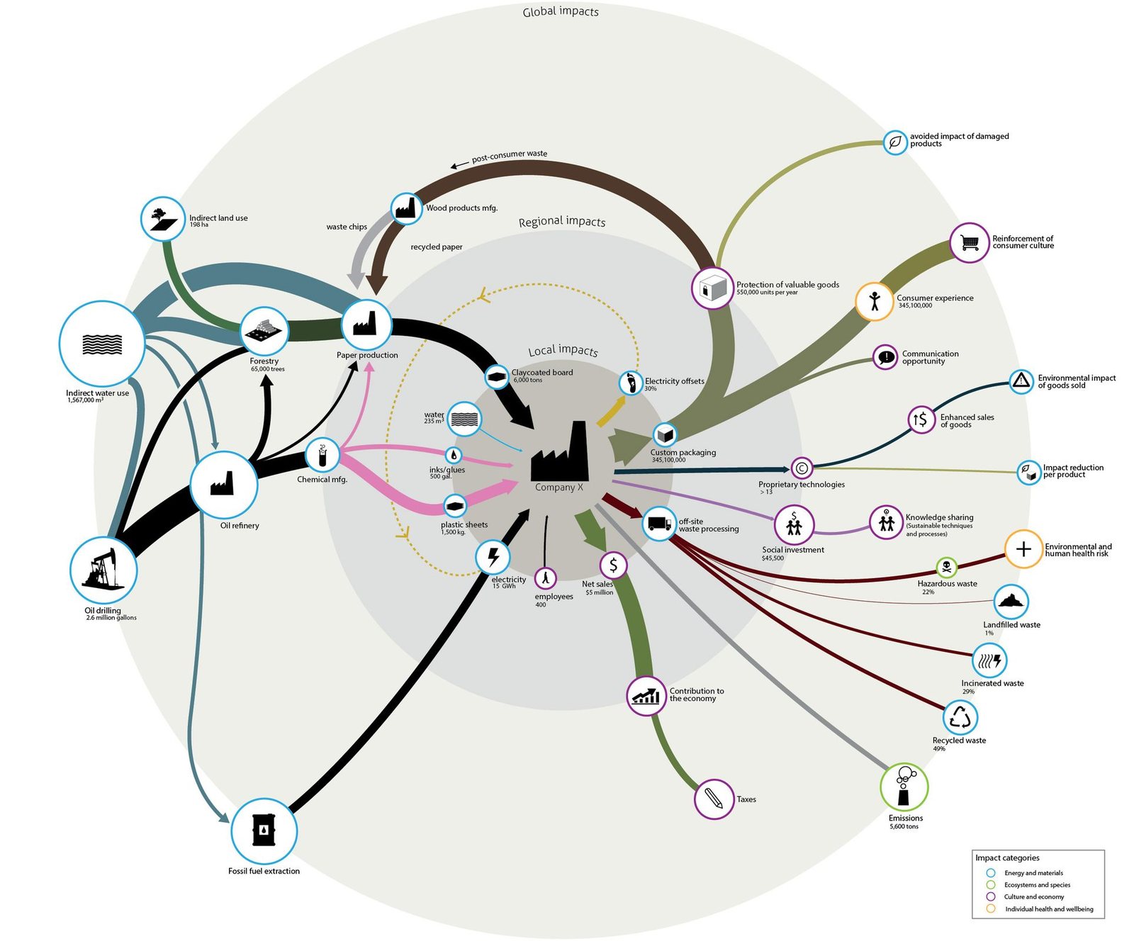 A circular impact map of a company, dozens of labelled flows of different weights grouped into local, regional and global impacts.