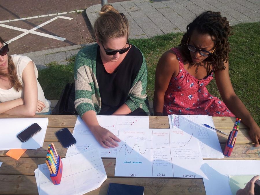Three women sit at an outdoor wooden table in sunglasses, studying hand drawn charts labelled past, now and future spread across the boards.